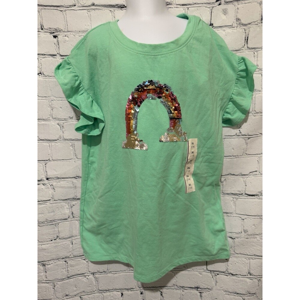 Cat & Jack mint green t-shirt features ruffle sleeves and a rainbow sequin